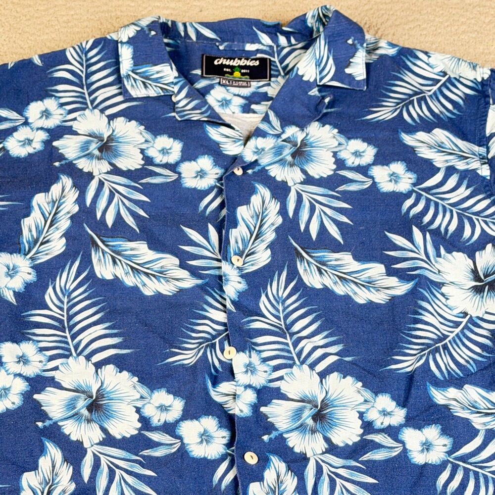 CHUBBIES Linen Blend Shirt Men XL Blue Floral Hibiscus Hawaiian Vacation  Cruise